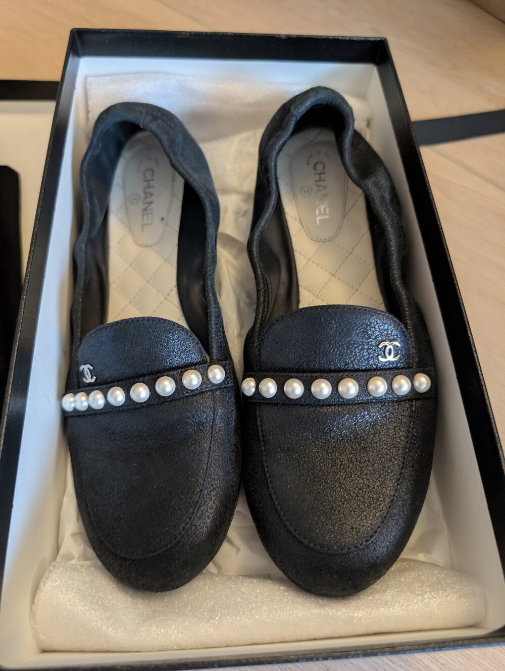 CHANEL Black Leather Loafers with Pearl Strap